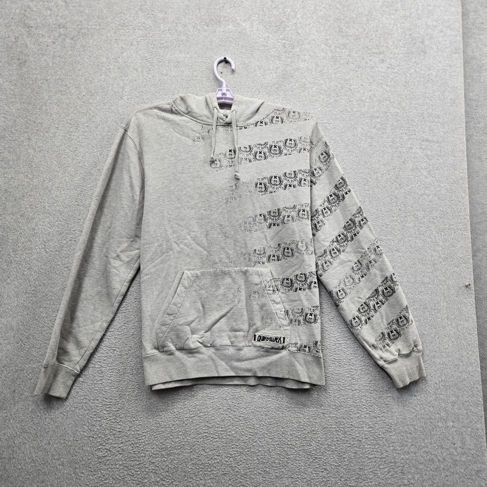 VINTAGE Quiksilver Men Hoodie L Gray Striped Y2K Skater Grunge Skulls Pullover